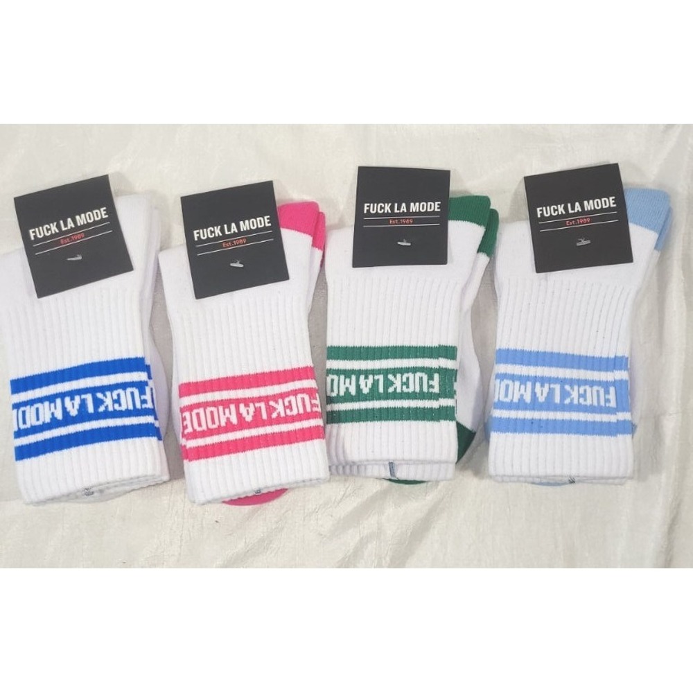 LOT: 4 F*ck La Mode Short Crew Socks - White w/ Green, Blue, Pink - Sz 5-9